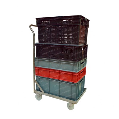 Carro porta canastillas en acero inoxidable con manubrio - Cartón y Estiba