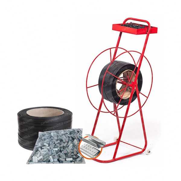 Combo carrito porta zuncho + zuncho plástico 1/2″ + grapa metálica x 3kg